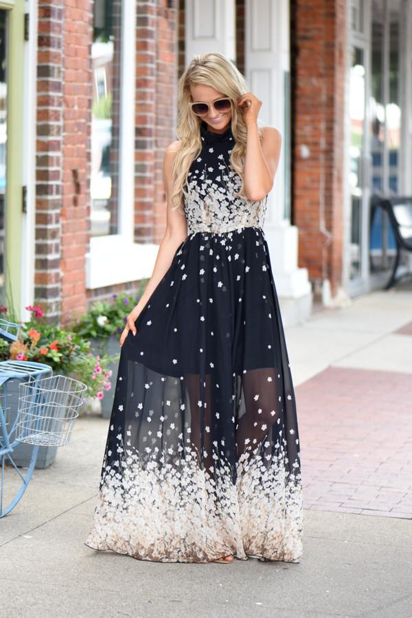 Cherry Blossoms Maxi Dress ~ Black