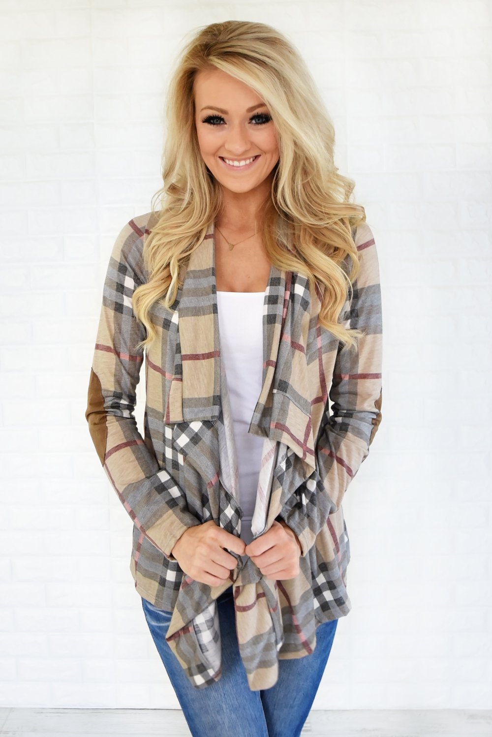 Plaid About You Cardigan ~ Taupe