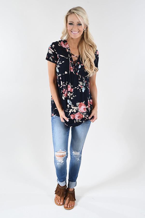 Favorite Lace Up Top ~ Floral Navy
