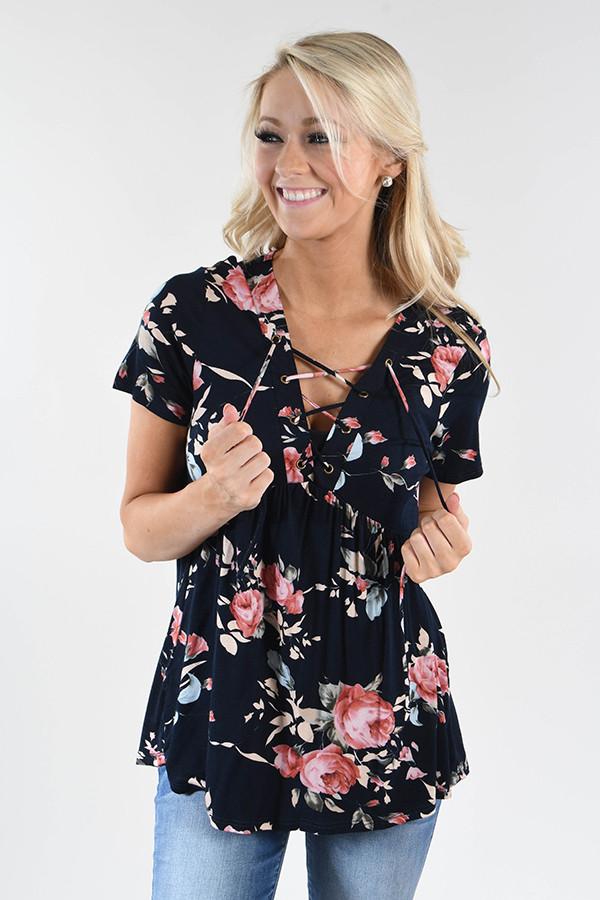 Favorite Lace Up Top ~ Floral Navy