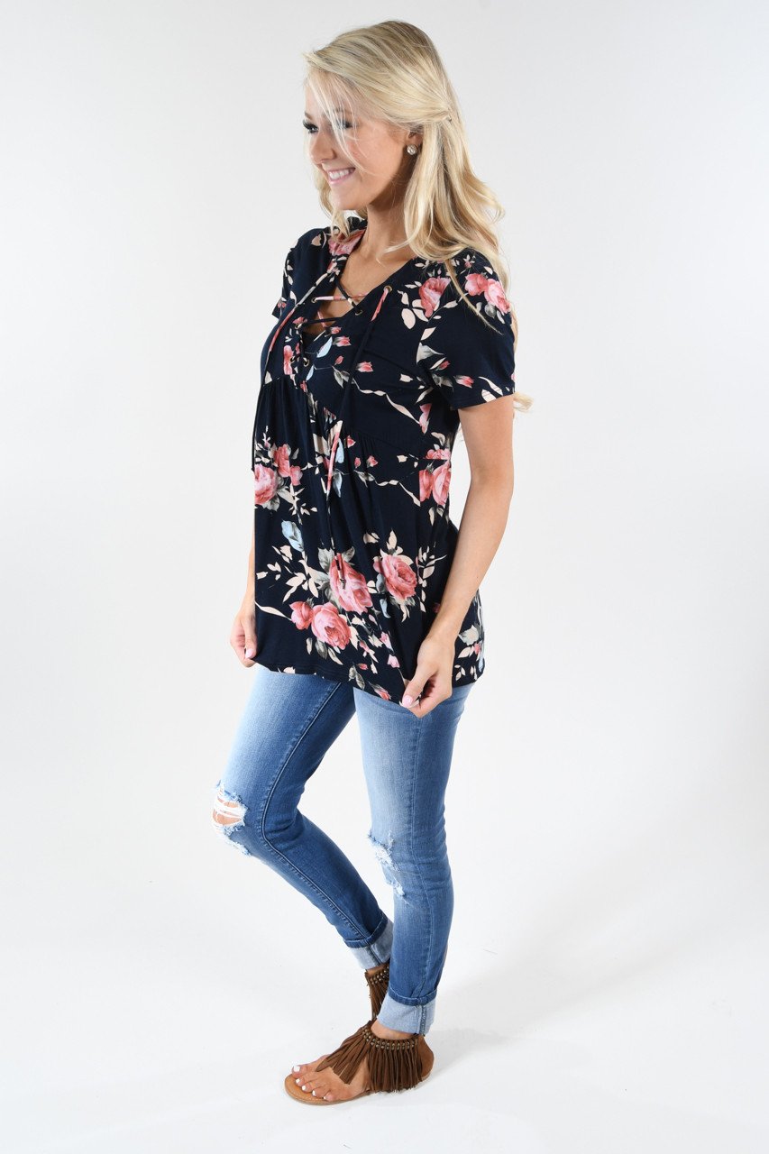 Favorite Lace Up Top ~ Floral Navy