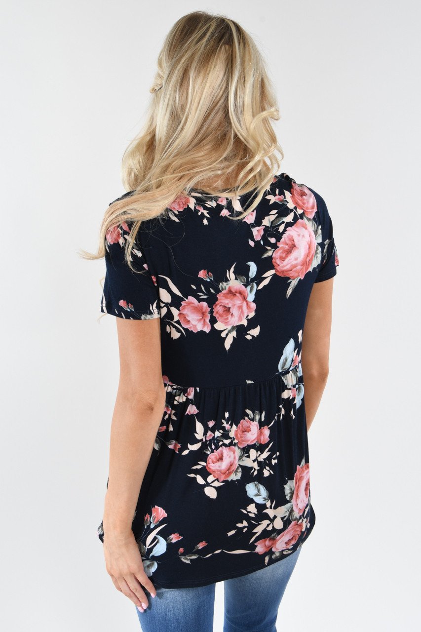 Favorite Lace Up Top ~ Floral Navy