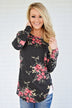 Flowers in Fall Long Sleeve Top ~ Charcoal