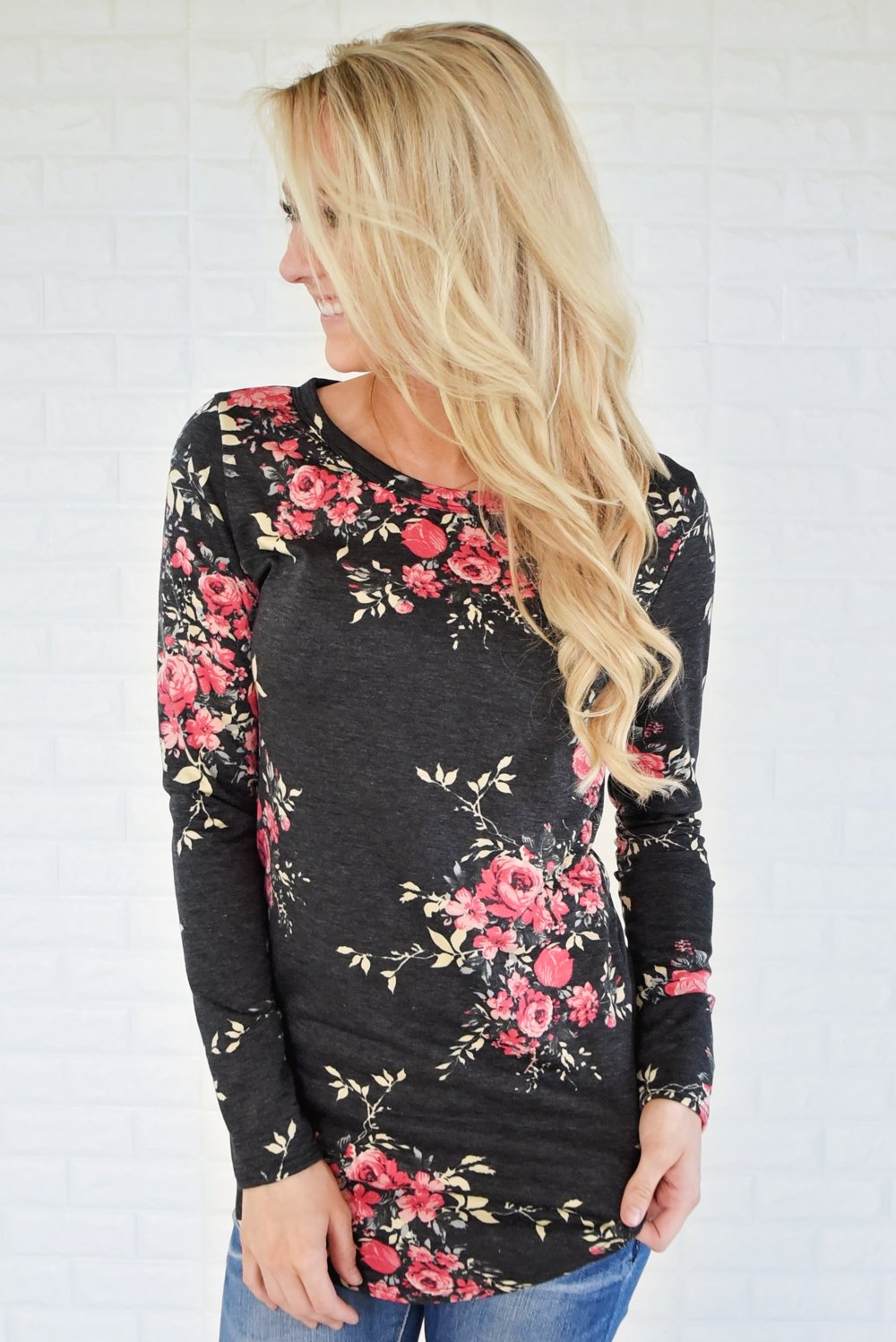Flowers in Fall Long Sleeve Top ~ Charcoal