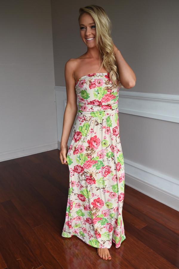 Cream Pink & Green Floral Maxi Dress