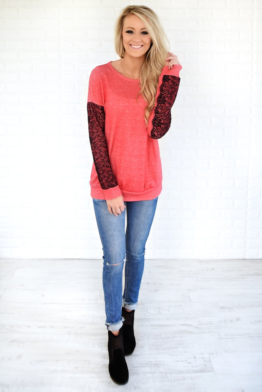 Just a Touch of Lace Sweater ~ Bright Coral