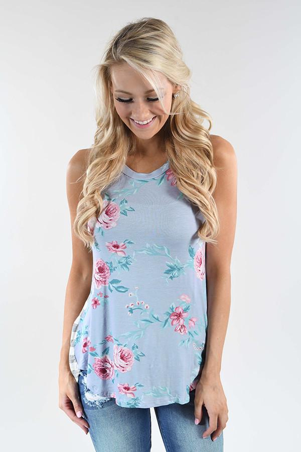 Show Your Best Side Floral & Stripes Top ~ Light Blue