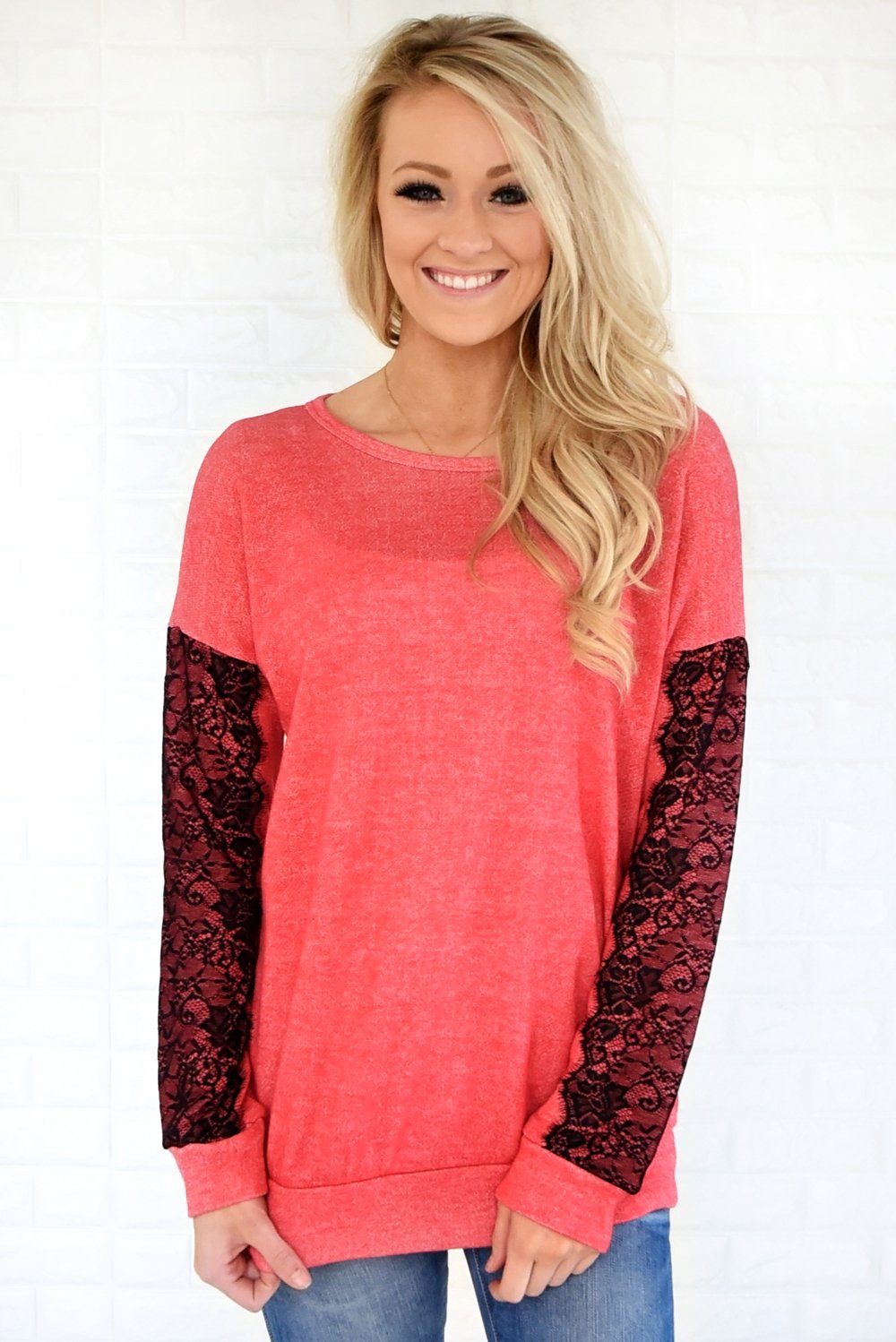 Just a Touch of Lace Sweater ~ Bright Coral