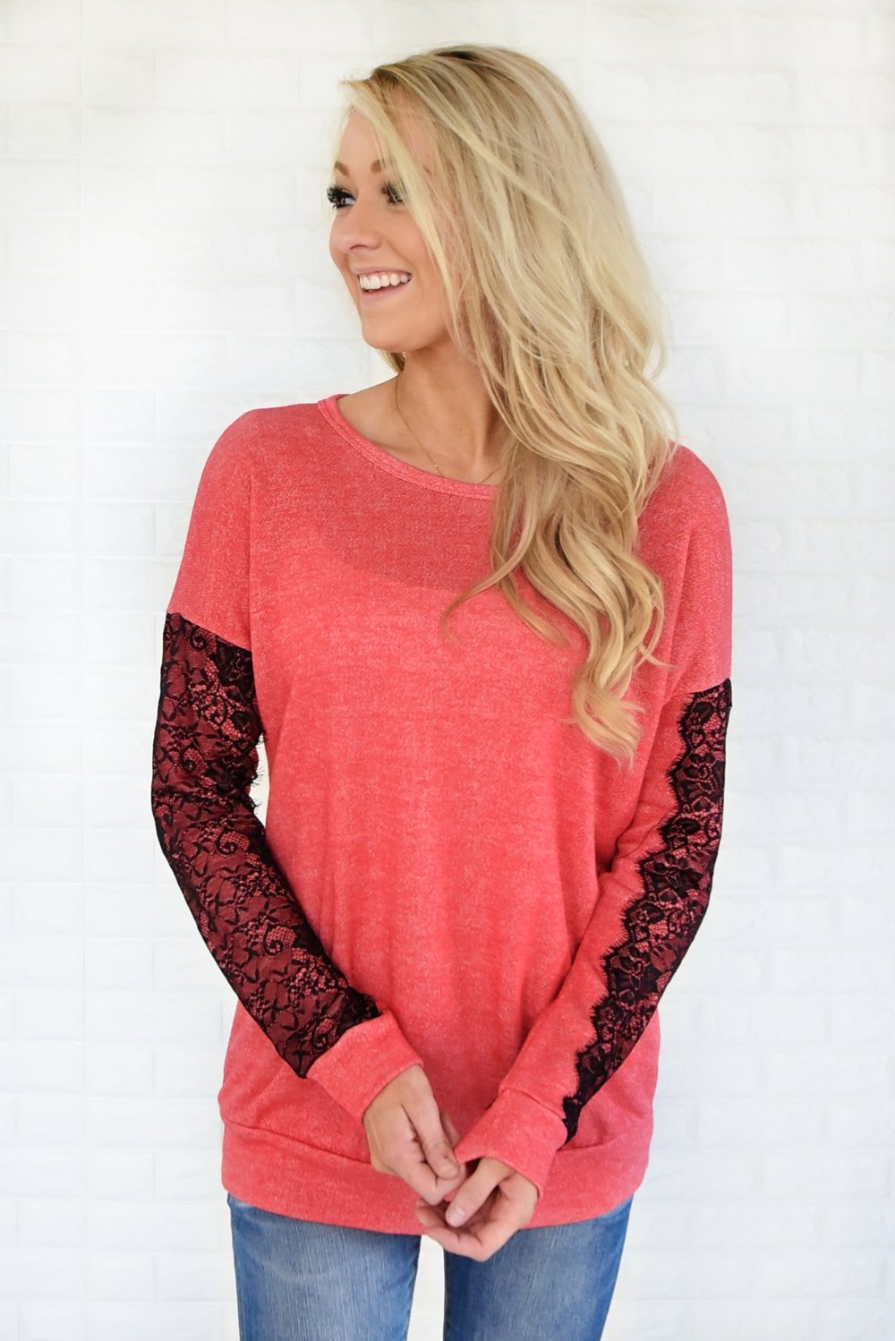 Just a Touch of Lace Sweater ~ Bright Coral