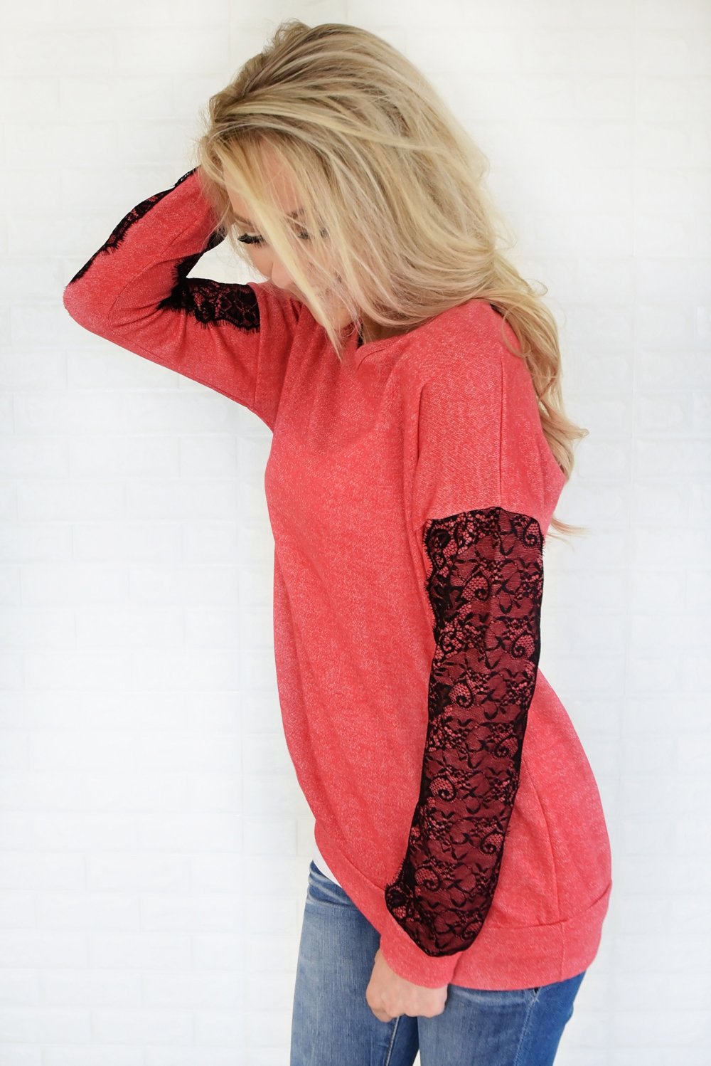 Just a Touch of Lace Sweater ~ Bright Coral