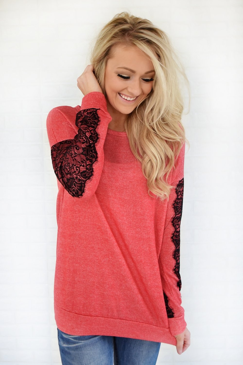 Just a Touch of Lace Sweater ~ Bright Coral