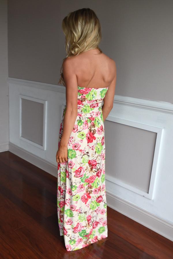 Cream Pink & Green Floral Maxi Dress