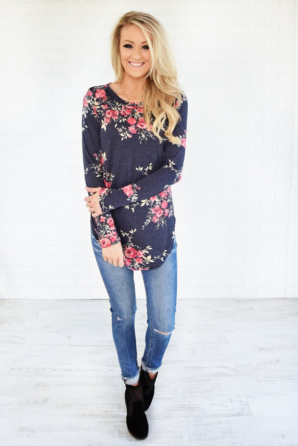 Flowers in Fall Long Sleeve Top ~ Navy