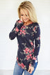 Flowers in Fall Long Sleeve Top ~ Navy