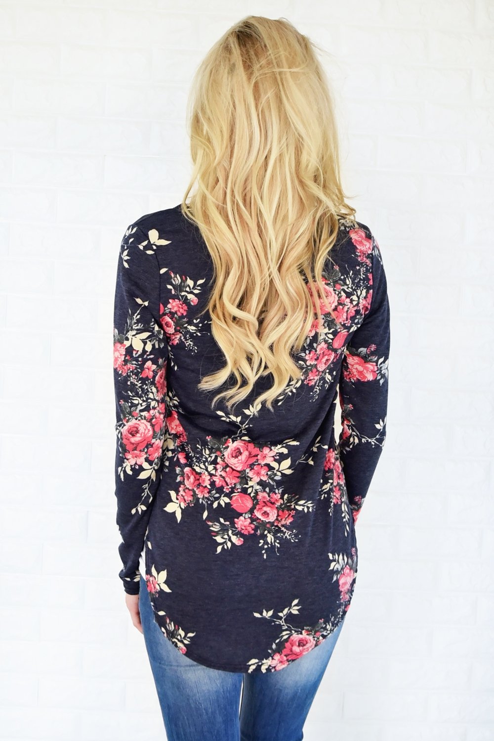 Flowers in Fall Long Sleeve Top ~ Navy