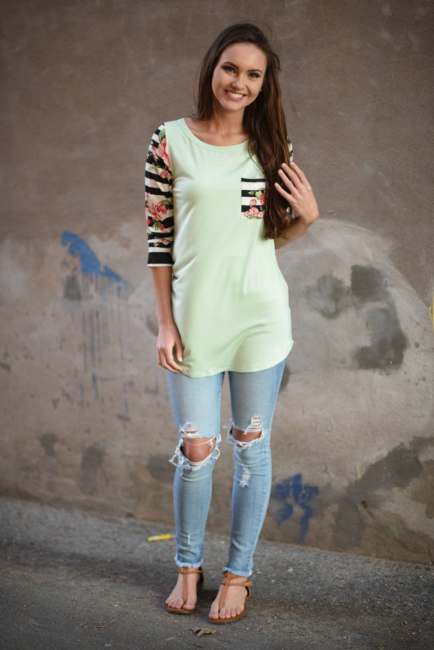 Mint Floral Striped Sleeve Top