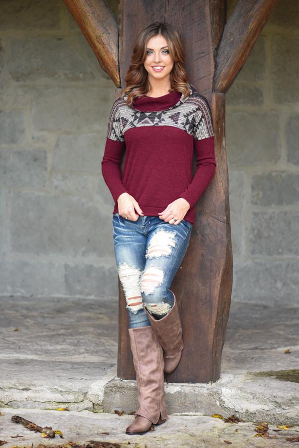 Aztec Cowl Neck Burgundy