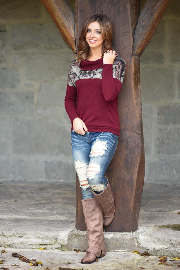 Aztec Cowl Neck Burgundy