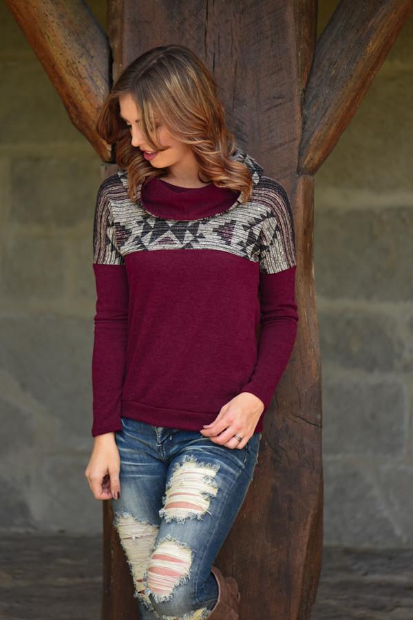Aztec Cowl Neck Burgundy