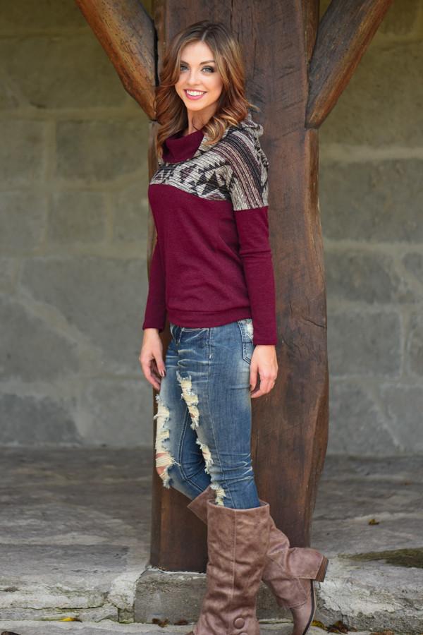 Aztec Cowl Neck Burgundy