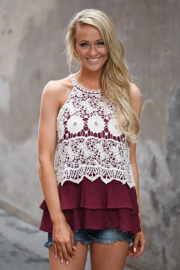 Ruffle My Feathers Crochet Tank ~ Burgundy