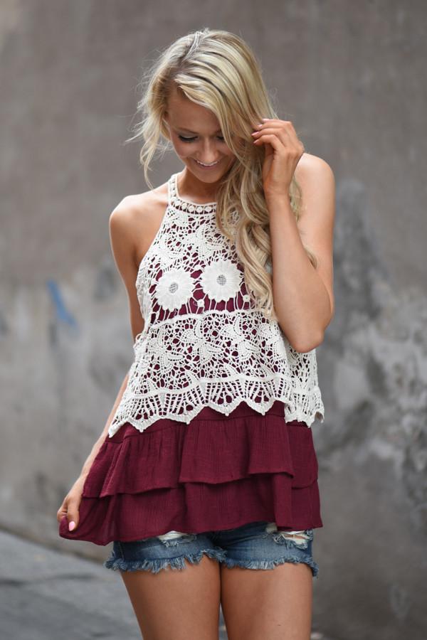 Ruffle My Feathers Crochet Tank ~ Burgundy