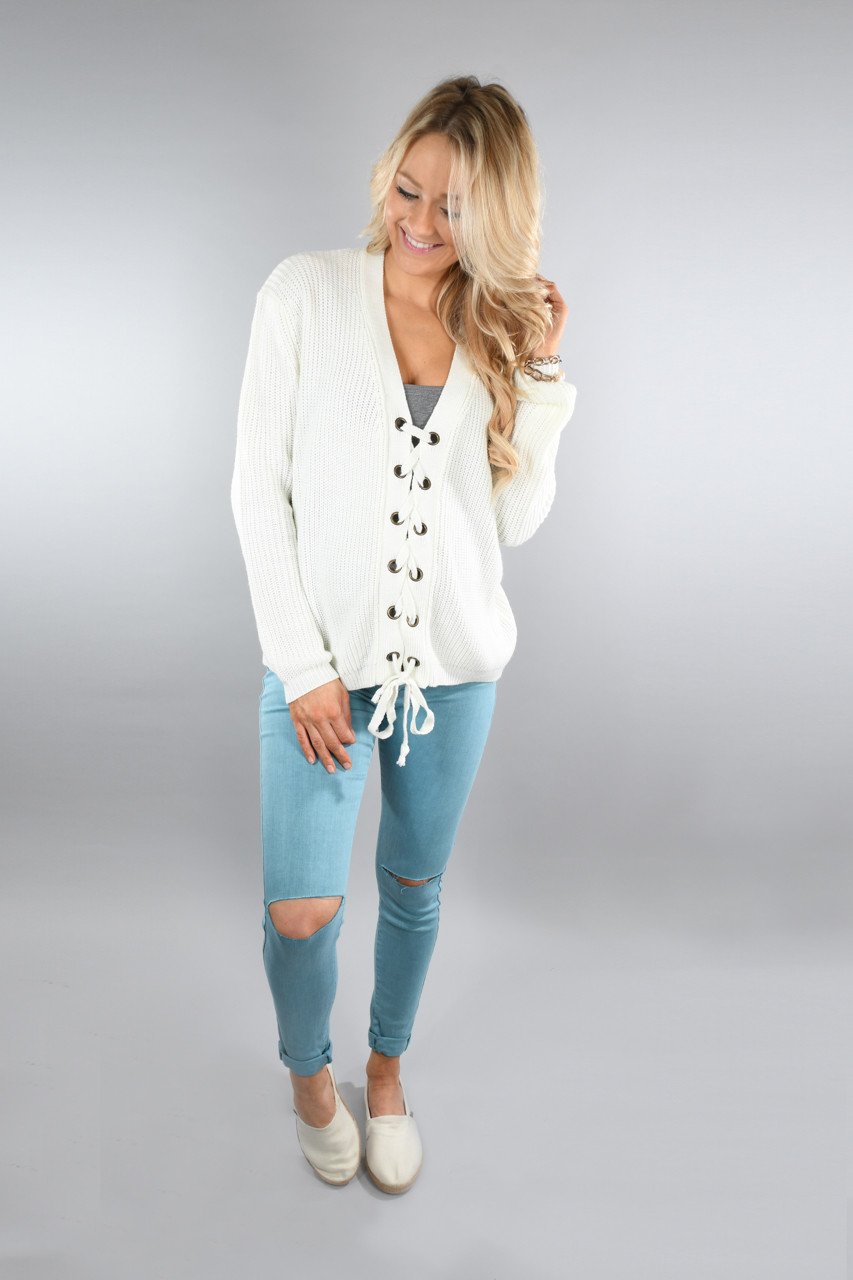All I Want ~ Cream Lace Up Top