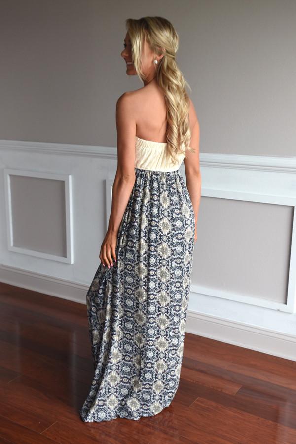 Ethnic Print Strapless Maxi Dress ~ Navy