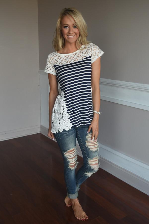 Stripes & Lace Top ~ Navy