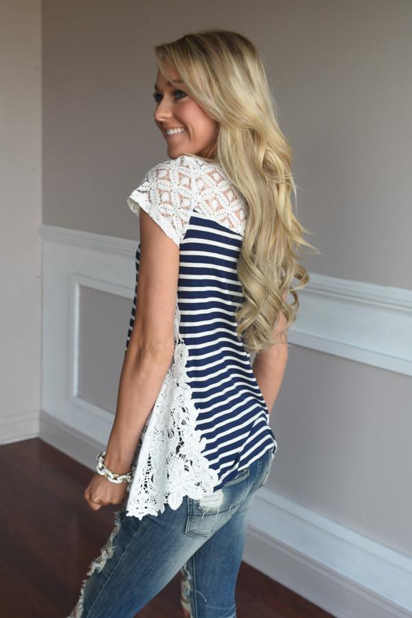 Stripes & Lace Top ~ Navy