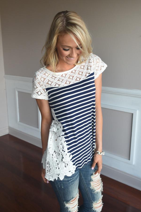 Stripes & Lace Top ~ Navy