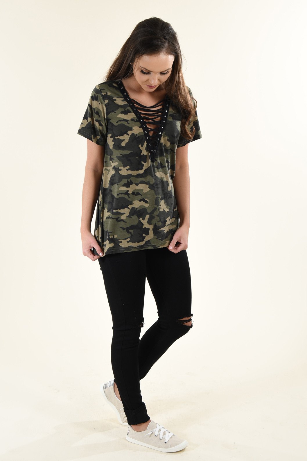 Camo Lace Up Top