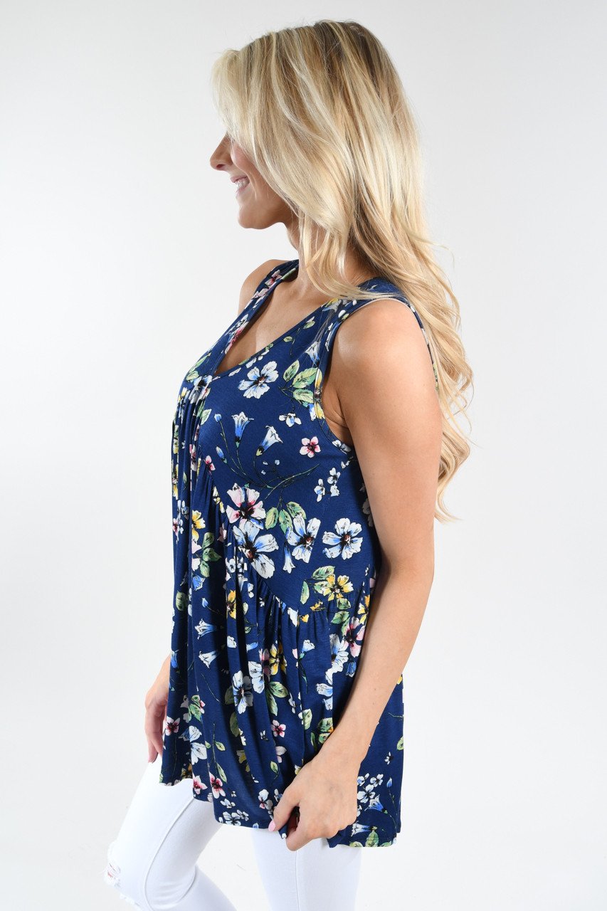 Summer Vibes Floral Tank Top ~ Navy