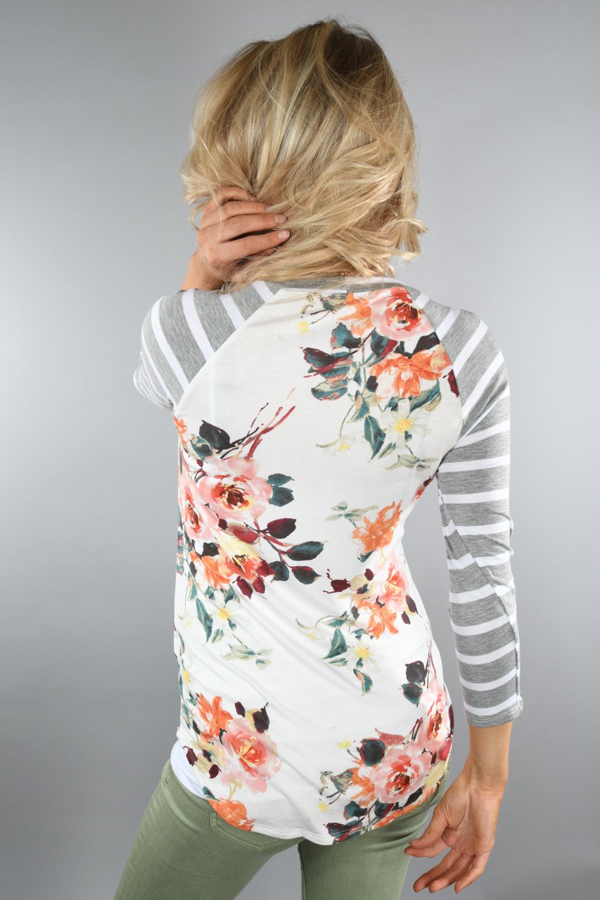 Light Grey Floral And Stripes Top