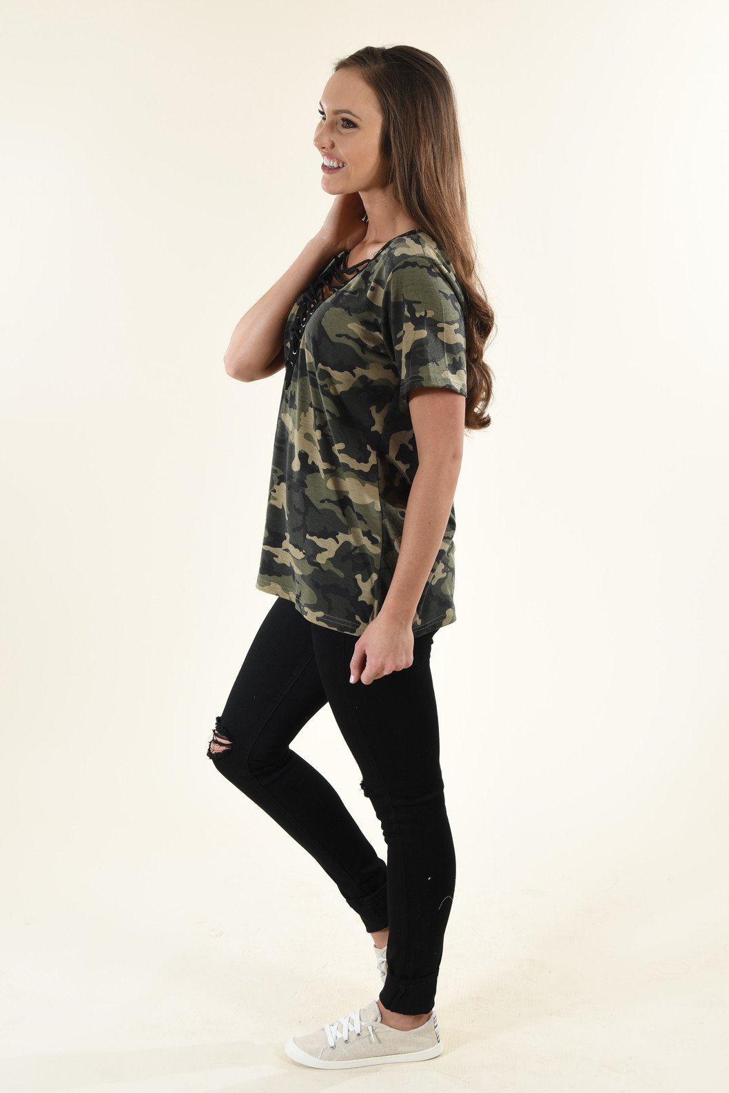 Camo Lace Up Top