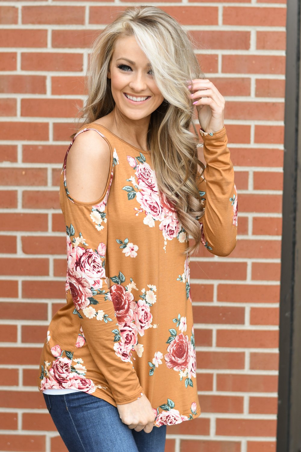 Mustard Floral Cold Shoulder Top