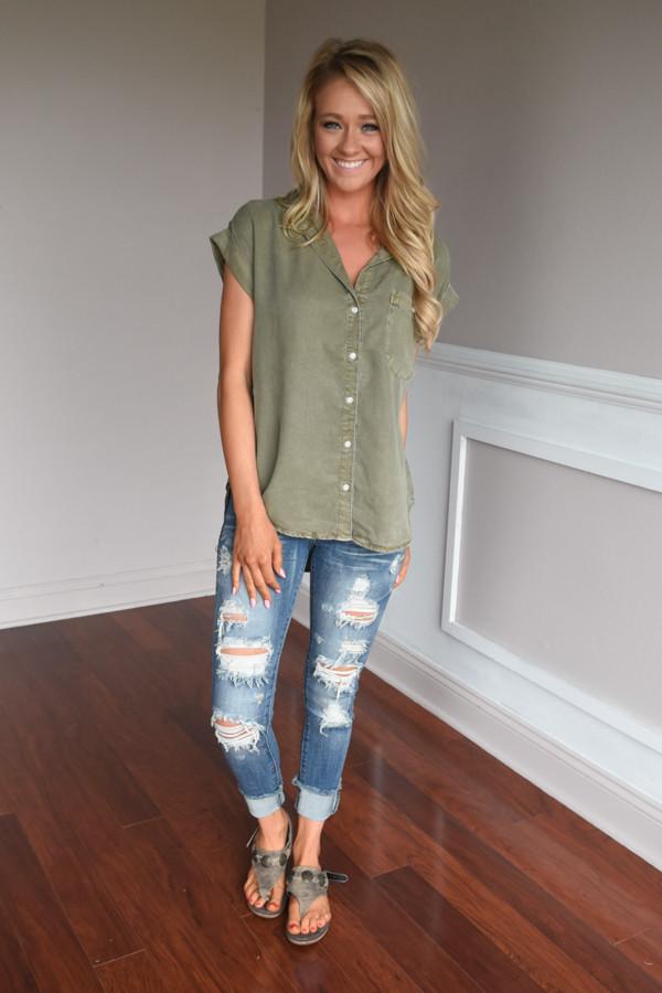 Just a Glance Olive Button Up Top