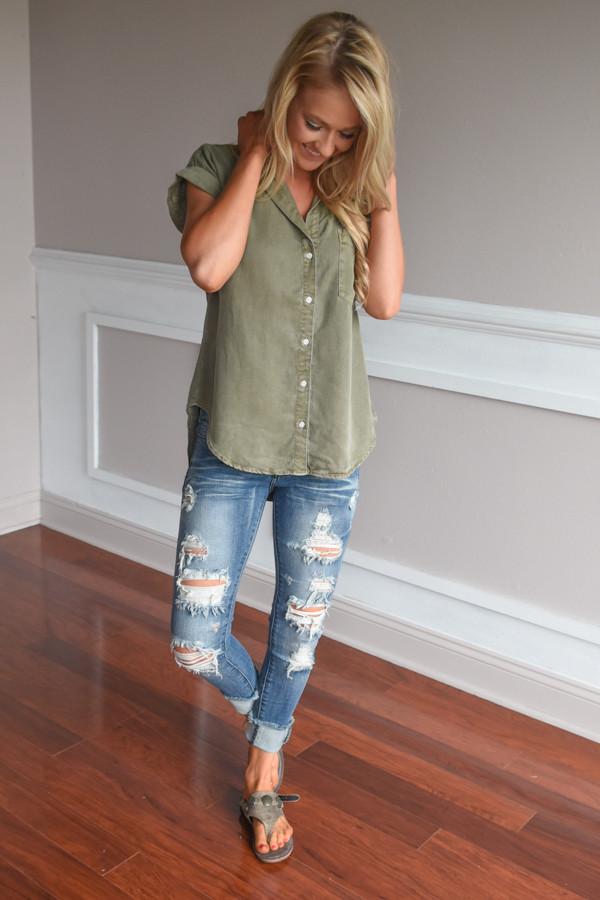 Just a Glance Olive Button Up Top