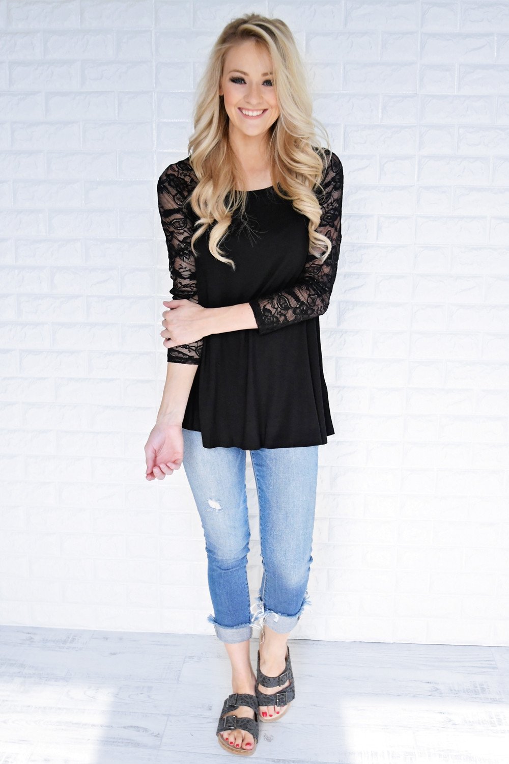 She's a Charmer Black Lace Sleeve Top