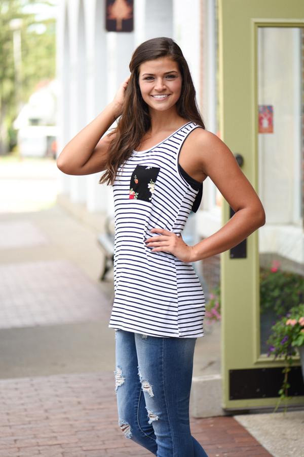Striped Floral Bow Tank ~ Ivory