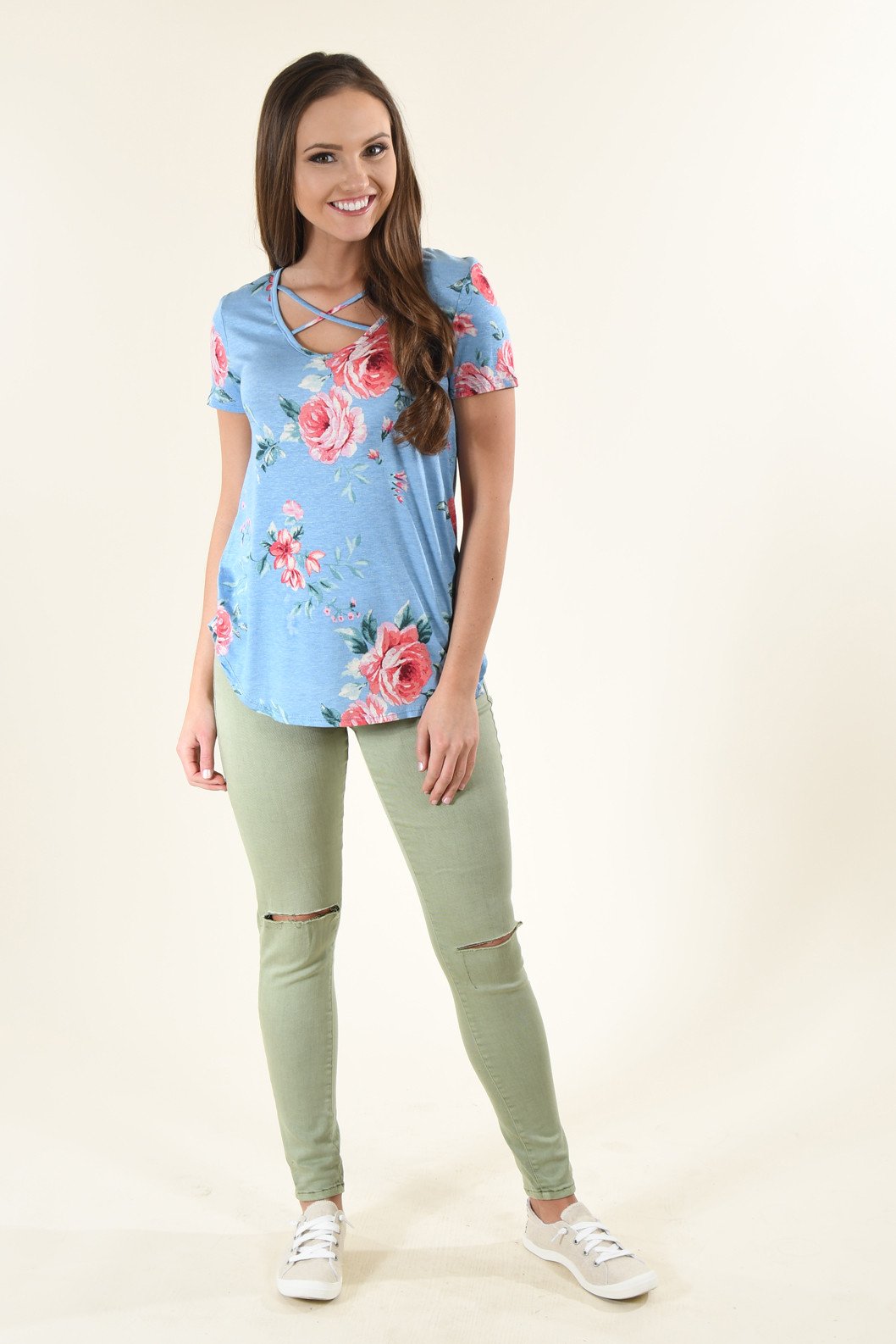 Blue Criss Cross Floral Top