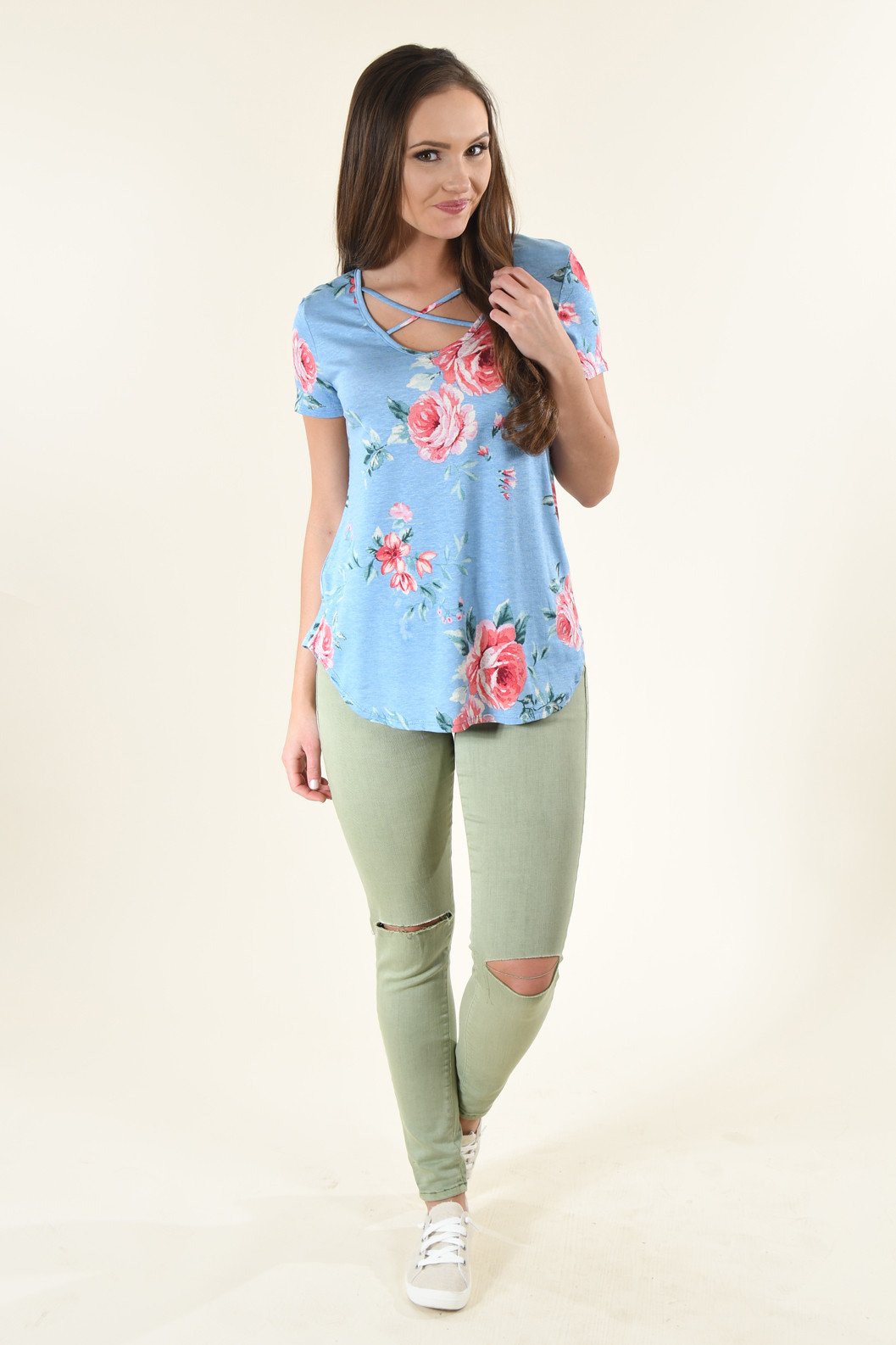 Blue Criss Cross Floral Top