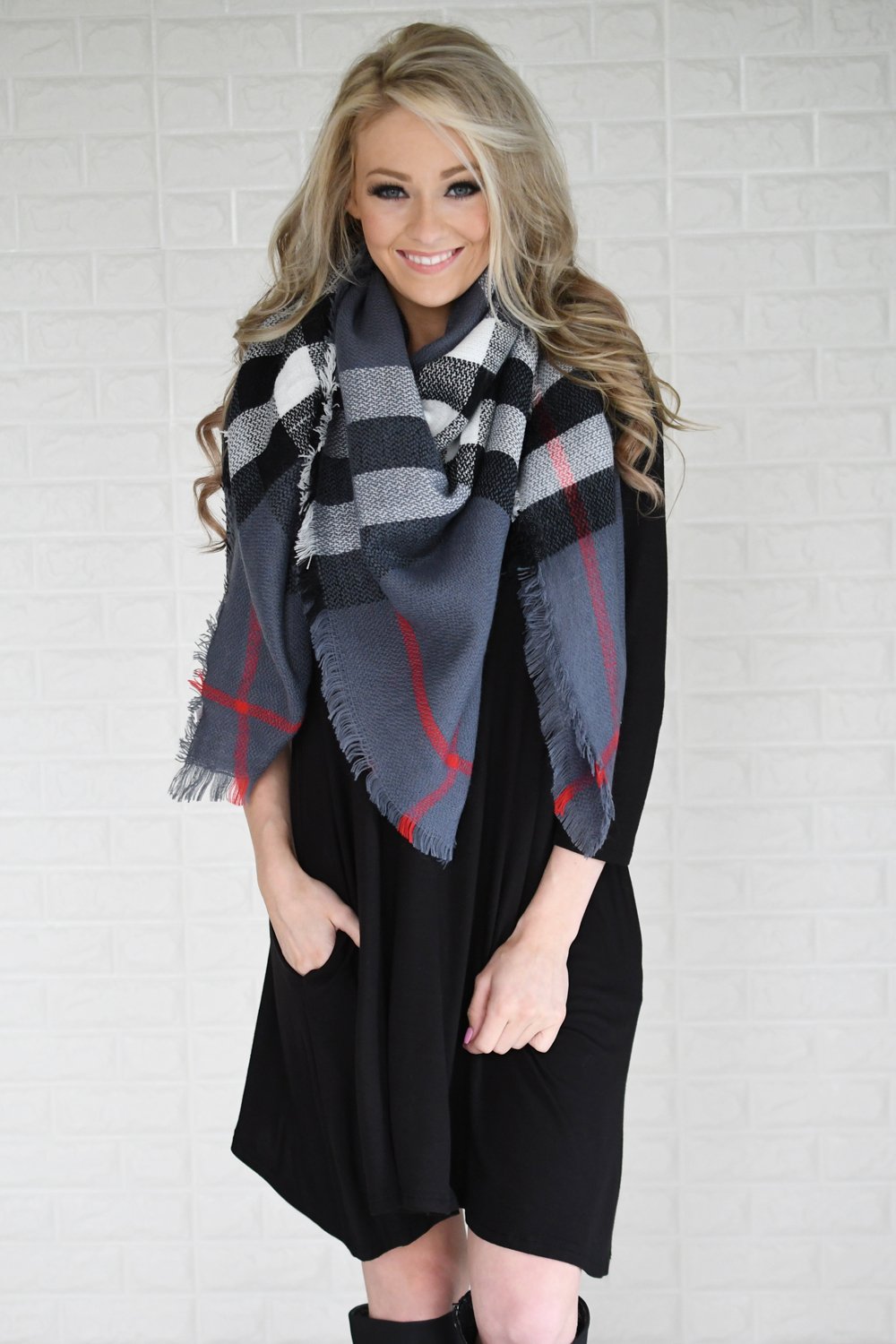 Steel Blue & Black Plaid Blanket Scarf