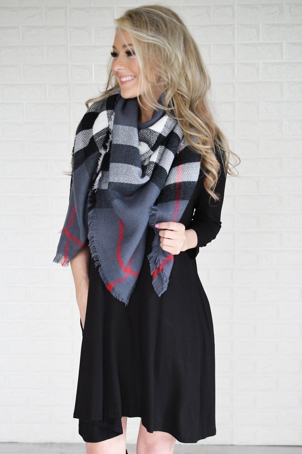 Steel Blue & Black Plaid Blanket Scarf