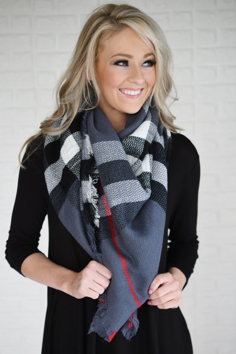 Steel Blue & Black Plaid Blanket Scarf
