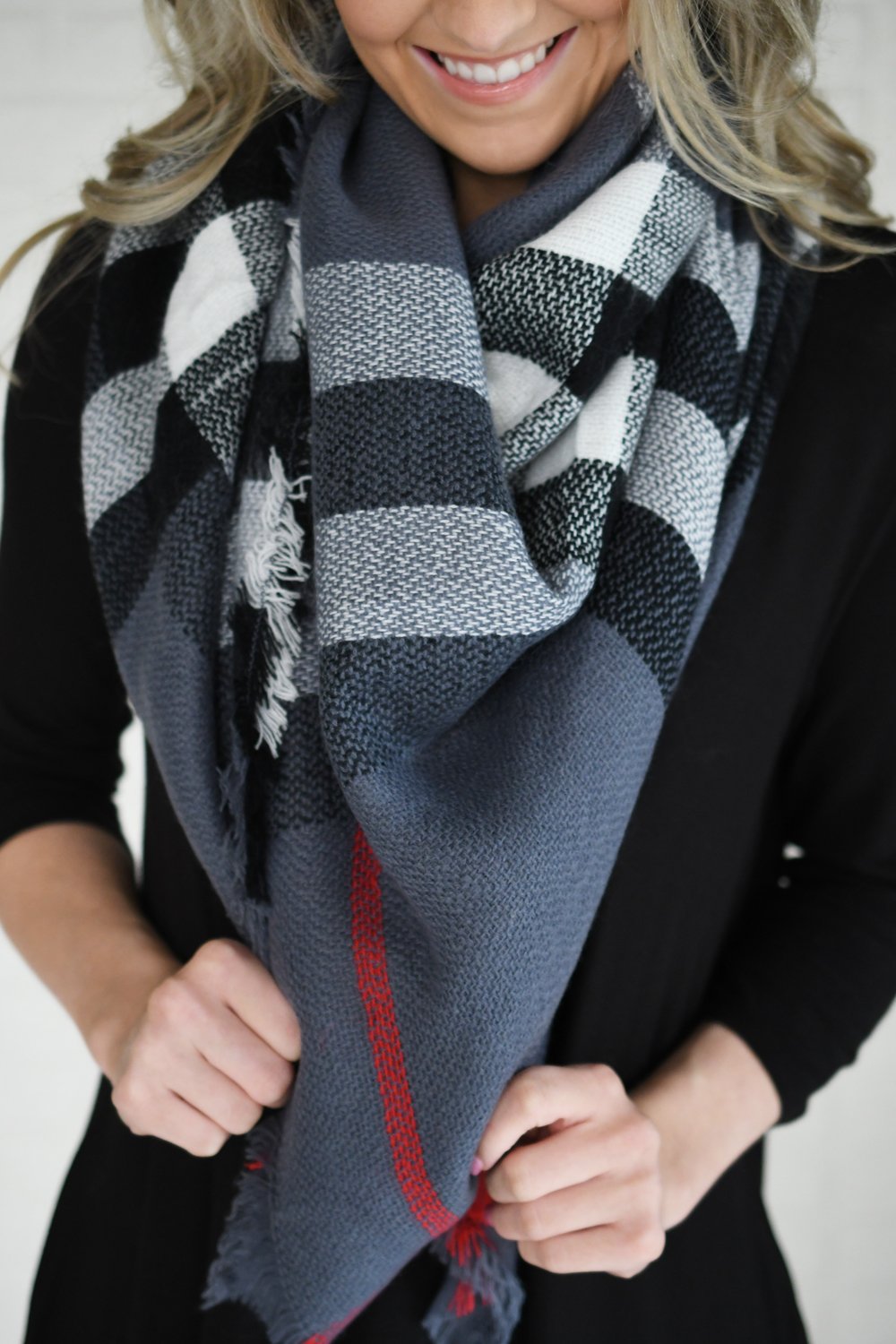 Steel Blue Black Plaid Blanket Scarf