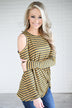 Walk This Way Cold Shoulder Knot Top ~ Olive & Mustard