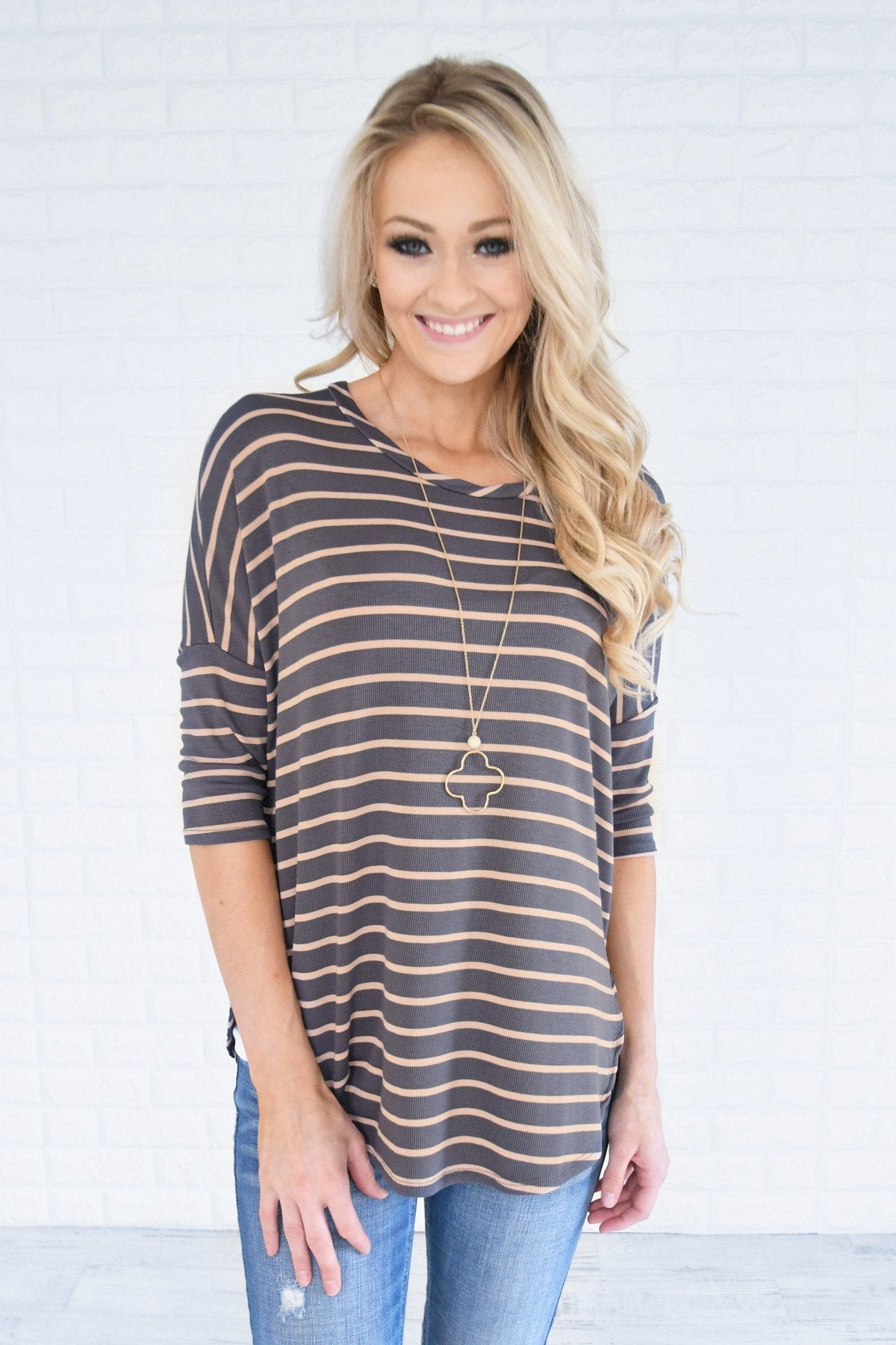 Charcoal & Tan Striped Top