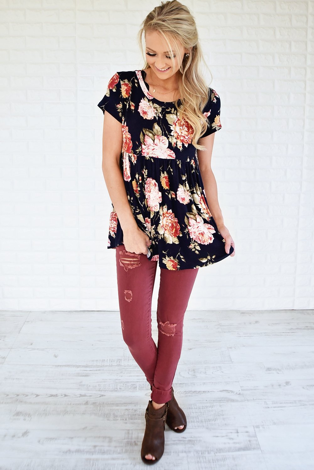 Ever After Floral Babydoll Top ~ Deep Navy