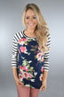 Navy Floral And Stripes Top